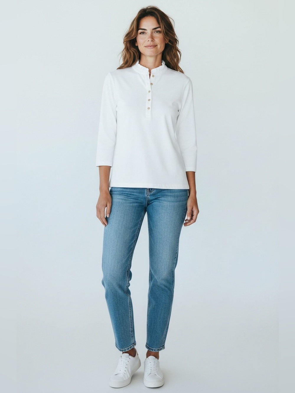 Peter Millar Women’s 3/4 Sleeve Ruffle Collar Polo // White // Small
